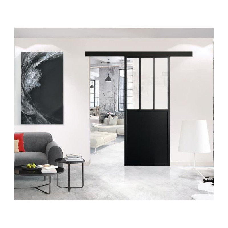 OPTIMUM - Kit porte coulissante + rail + bandeau Atelier - H 204 x L 73 x P 4 cm - Noir verre transparent