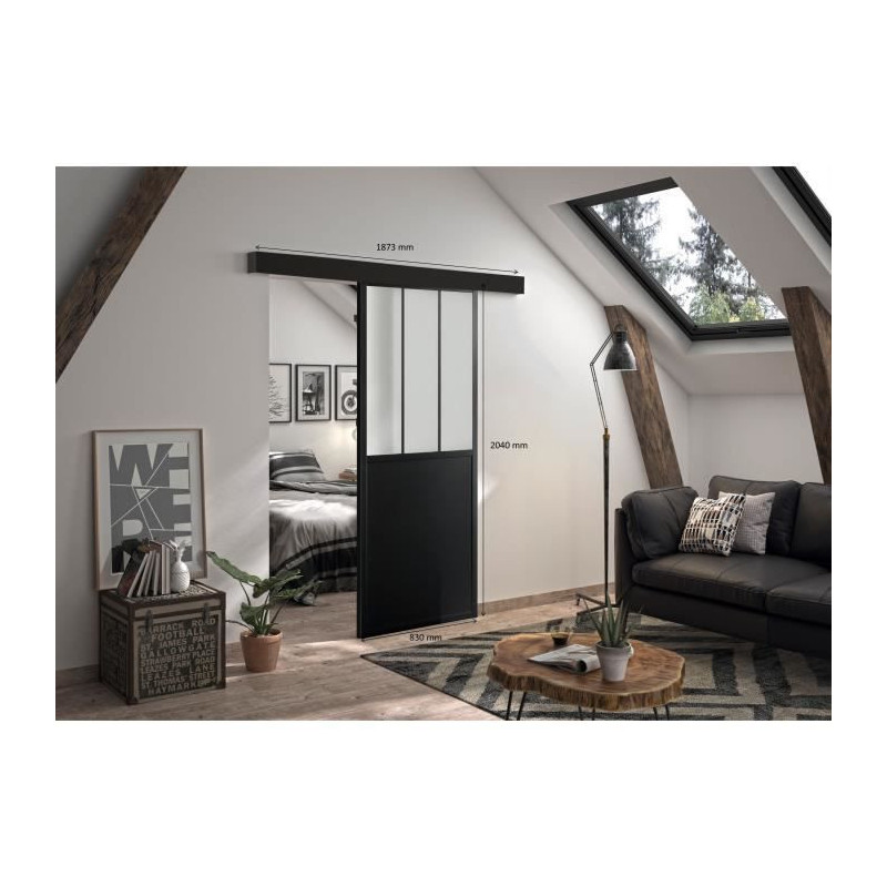 OPTIMUM Kit porte coulissante + rail Atelier - H204 x L83 x P4 cm - Noir verre depoli