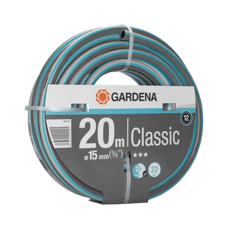 GARDENA Tuyau darrosage Classic - Longueur 20m - O15mm - Haute resistance pression 22 bar maximum - Garantie 12 ans 18013-26