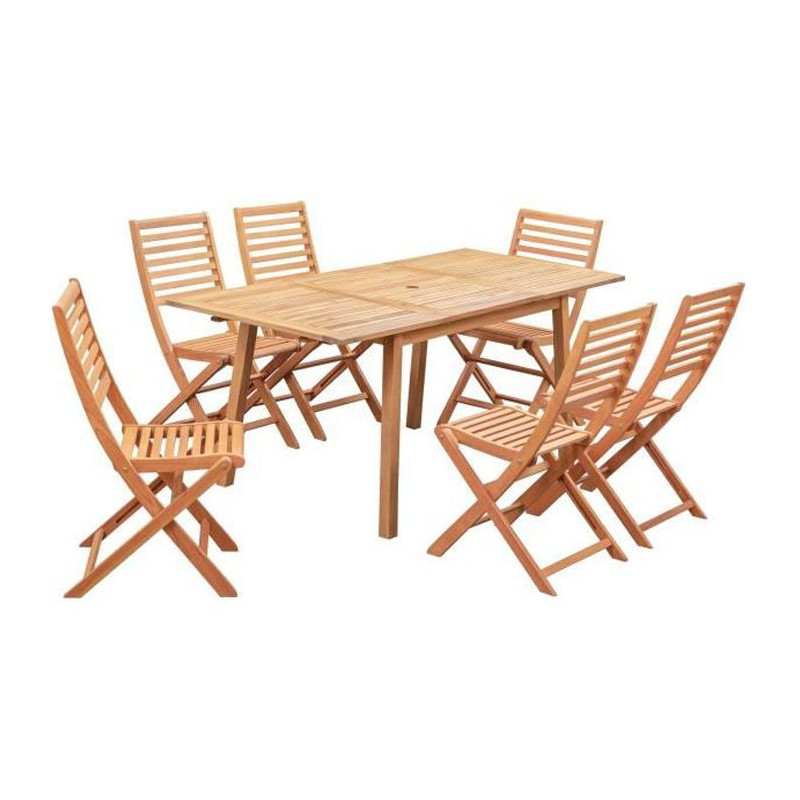 Ensemble repas de jardin 4-6 personnes - Eucalyptus FSC - Table extensible  120 - 180 x 80 cm + 6 chaises pliantes