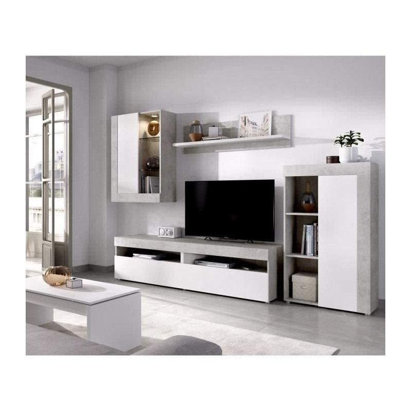 Ensemble Meuble TV Blanc et Beton - L 265 x P 42 x H 180 cm - TOKIO