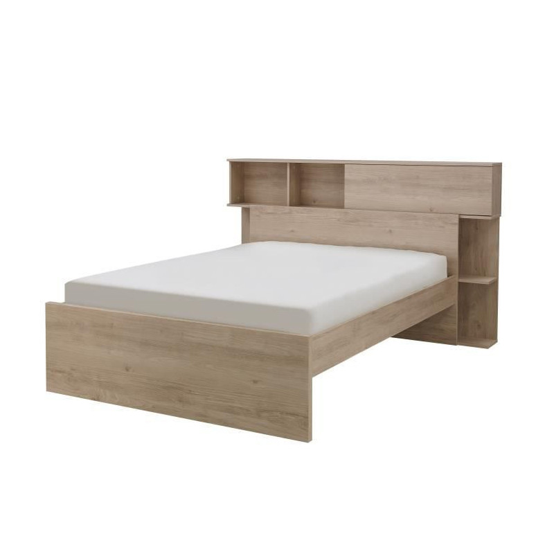 GAMI Calvi Lit adulte + Tete de lit avec rangement  1 Porte - Decor chene - 140x190 cm
