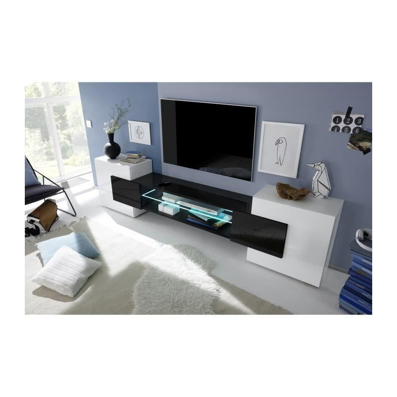 Meuble TV avec LED 2 portes - Blanc laque brillant et noir - L 258 x P 37 x H 61 cm - ANCONA
