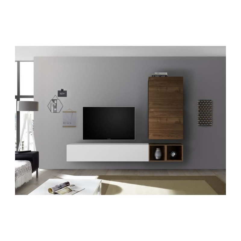 Meuble TV Mural  - Decor Noyer fonce et Blanc Laque - L 193 x P 30 x H 170 cm - Foggia