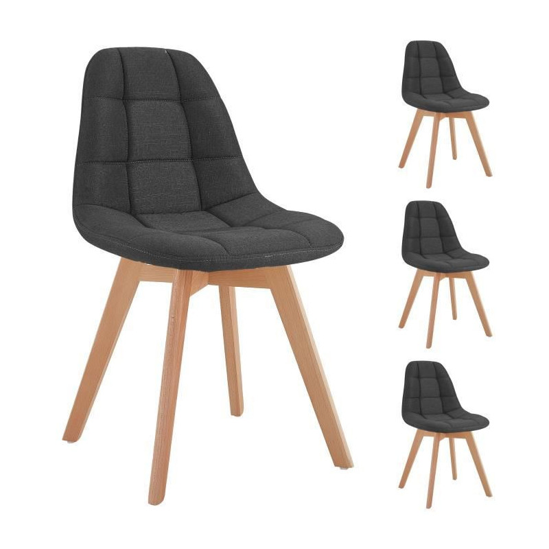 ANYA Lot de 4 chaises - Tissu gris - Pied bois hetre massif naturel - L 44 x P 50 x H 84 cm