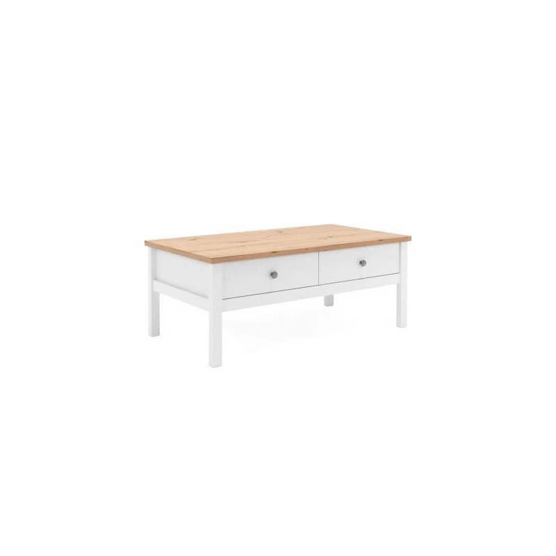 Table basse - Rectangulaire - Decor chene naturel et blanc - Style campagne - Sur pieds - Avec rangement - L 100 x P 40 x H 55 c