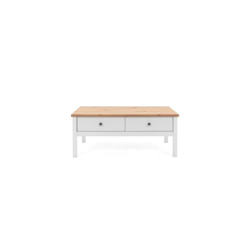 Table basse - Rectangulaire - Decor chene naturel et blanc - Style campagne - Sur pieds - Avec rangement - L 100 x P 40 x H 55 c
