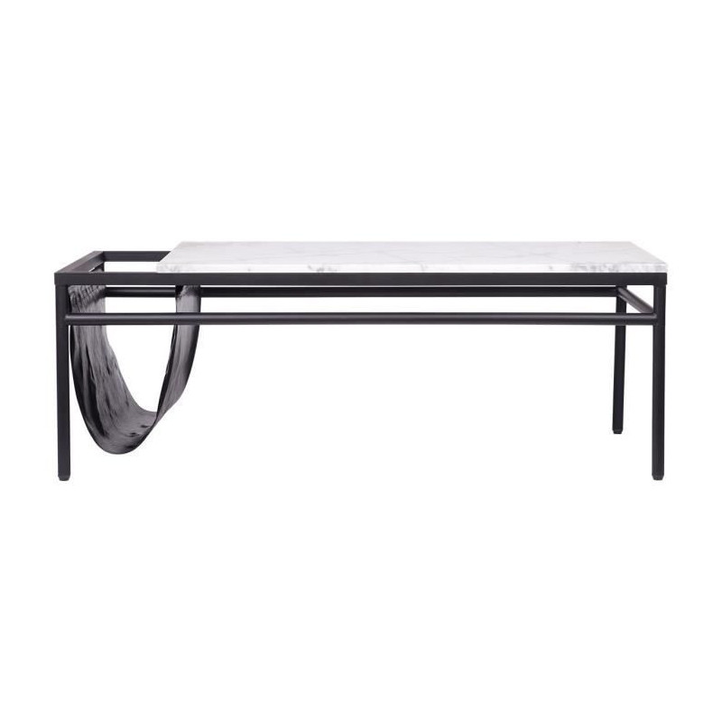 Table basse rectangulaire - avec range magazine integre - decors marbre et pieds metal noir - L 120 x l 60 x H43 cm - MARCO