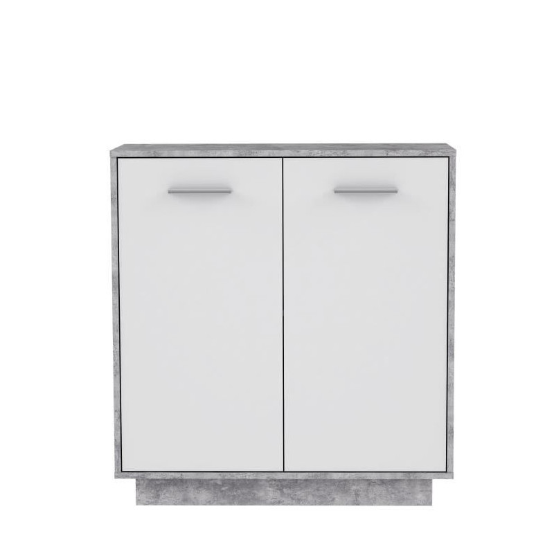 PILVI Meuble de rangement 2 portes - Blanc et beton gris clair - L 82,9 x P 34,2 x H 88,1 cm