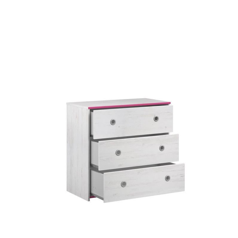 PARISOT Commode avec 3 tiroirs Smiley en agglomere, revetu dun decor blanc. Un cote des bords est bleu, lautre cote est rose.