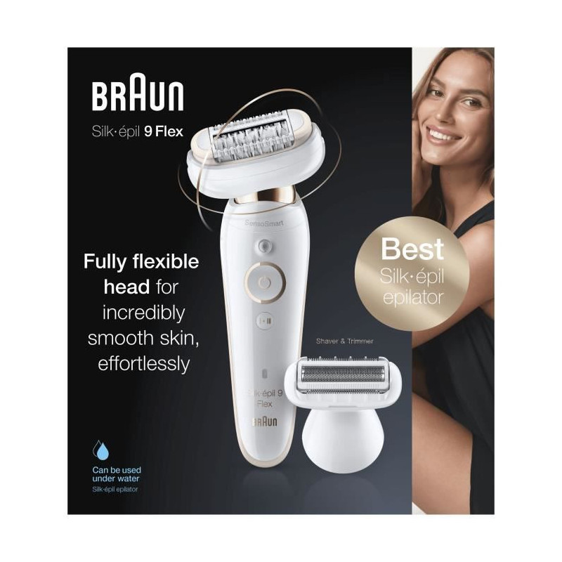 Braun Silk-epil 9 Flex 9-002 Epilateur electrique pour femme - Tete flexible - Micro-grip 40 pincettes - SensoSmart - Blanc/Dore