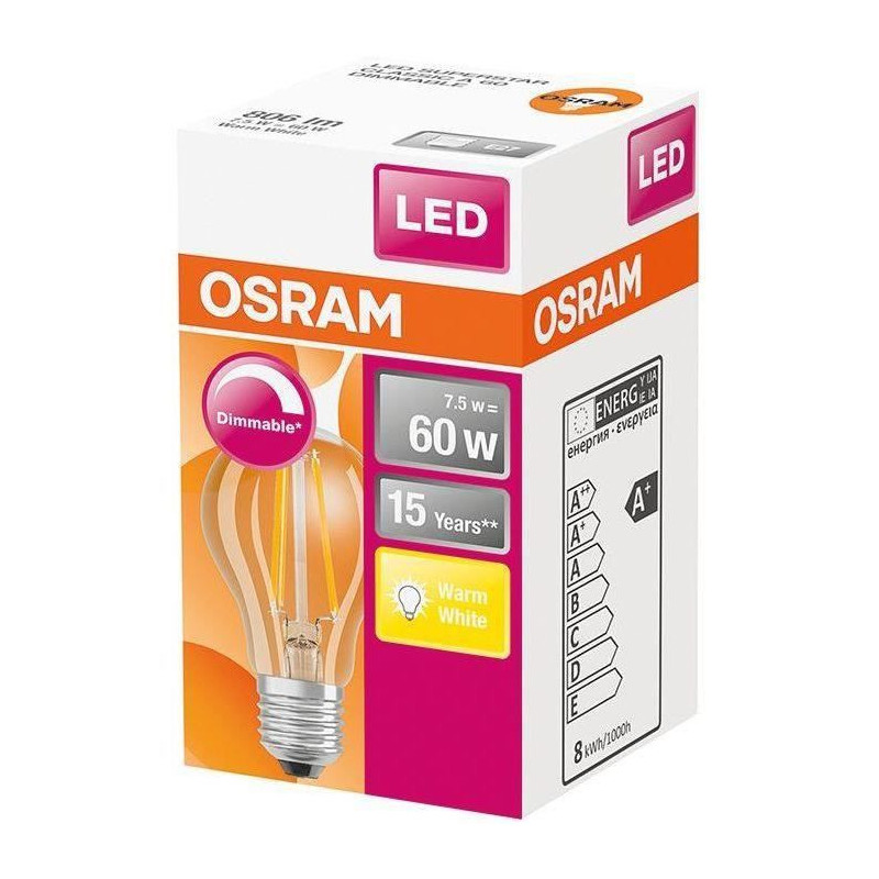OSRAM Ampoule LED Standard clair filament variable 7W60 E27 chaud