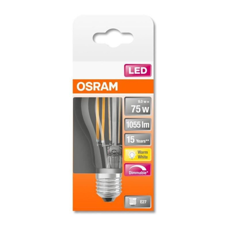 OSRAM Ampoule LED Standard clair filament variable 9W75 E27 chaud
