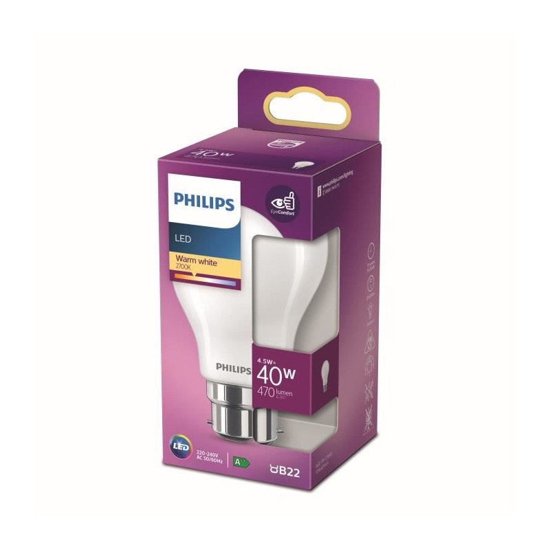 Philips ampoule LED Equivalent 40W B22 Blanc chaud non dimmable, verre