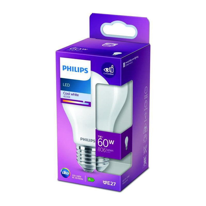 PHILIPS LED Classic 60W Standard E27 Blanc Froid Depolie Non Dimmable