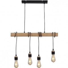 DETROIT Suspension industrielle en bois - 4 tetes - 7 x 70 x H150 - Noir - Ampoules decoratives E27 40W fournies