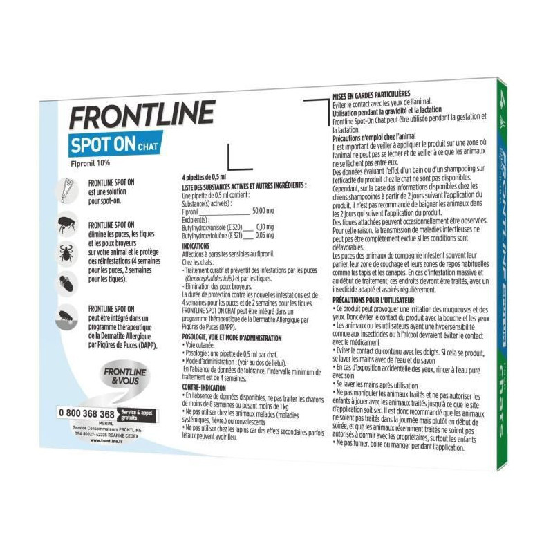 FRONTLINE Spot On chat - - Anti-puces et anti-tiques pour chat -  4 pipettes