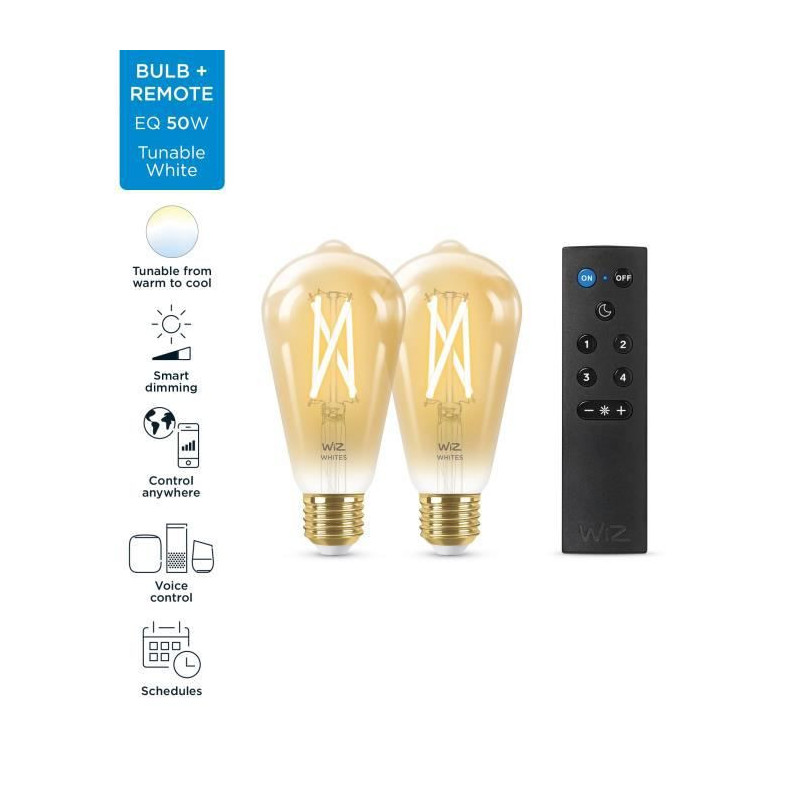 Kit de demarrage WiZ 2 ampoules connectees Edison Blanc variable E27 50W + Telecommande nomade variateur de lumiere