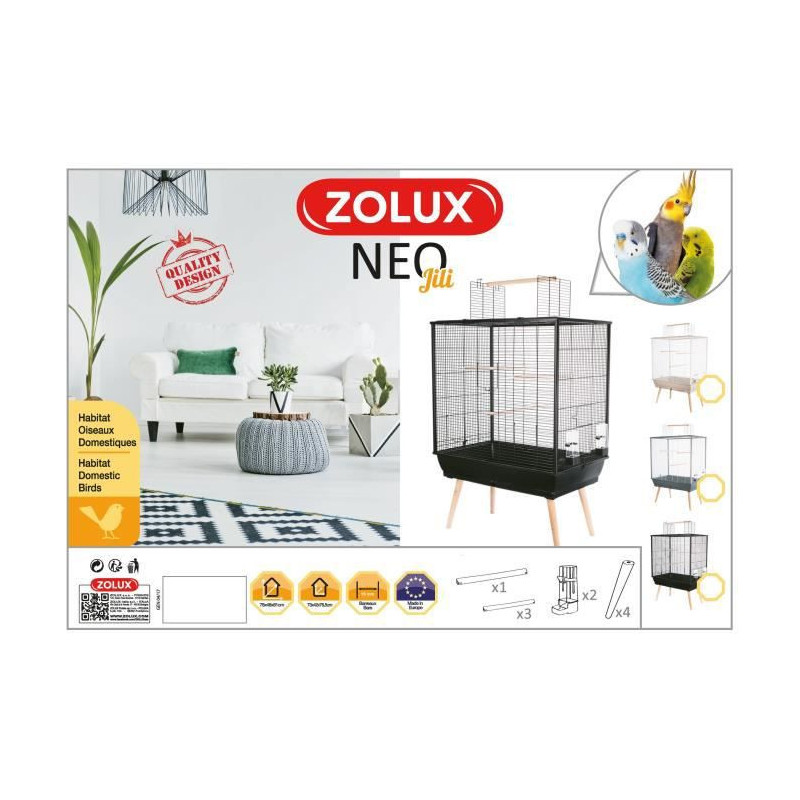 ZOLUX Cage surelevee Neo Jili pour oiseaux - L 78 x P 47,5 x H 112 cm - Noir