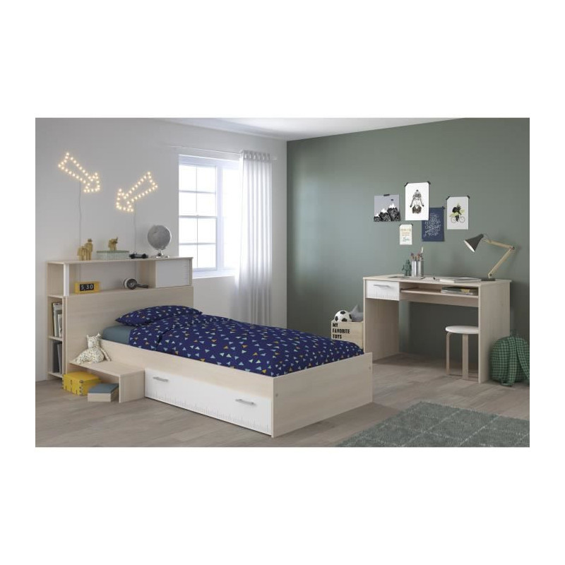 PARISOT Chambre enfant complete Tete de lit + lit + bureau - Style contemporain - Decor acacia clair et blanc - CHARLEMAGNE