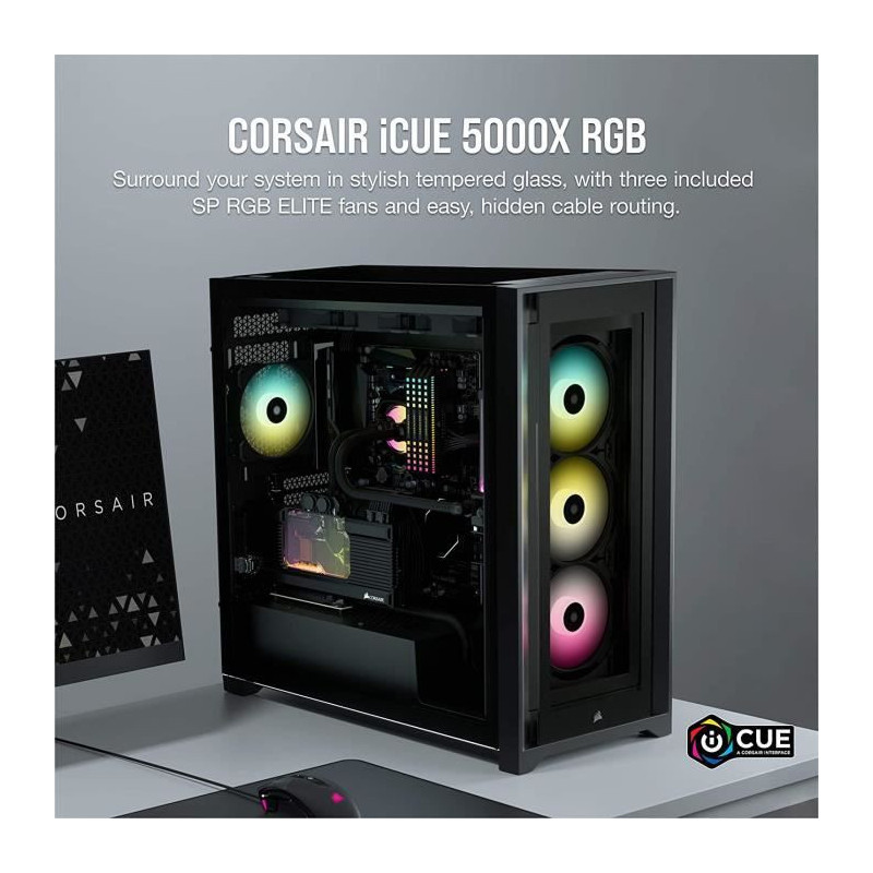 CORSAIR Boitier PC iCUE 5000X RGB - Verre Trempe Moyen-Tour ATX - Noir CC-9011212-WW
