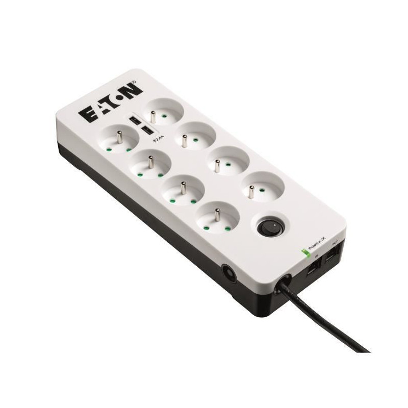 Multiprise/Parafoudre - Eaton Protection Box 8 Tel@ USB FR - PB8TUF - 8 prises FR + 1 prise tel/RJ + 2 ports USB - Blanc + Noir