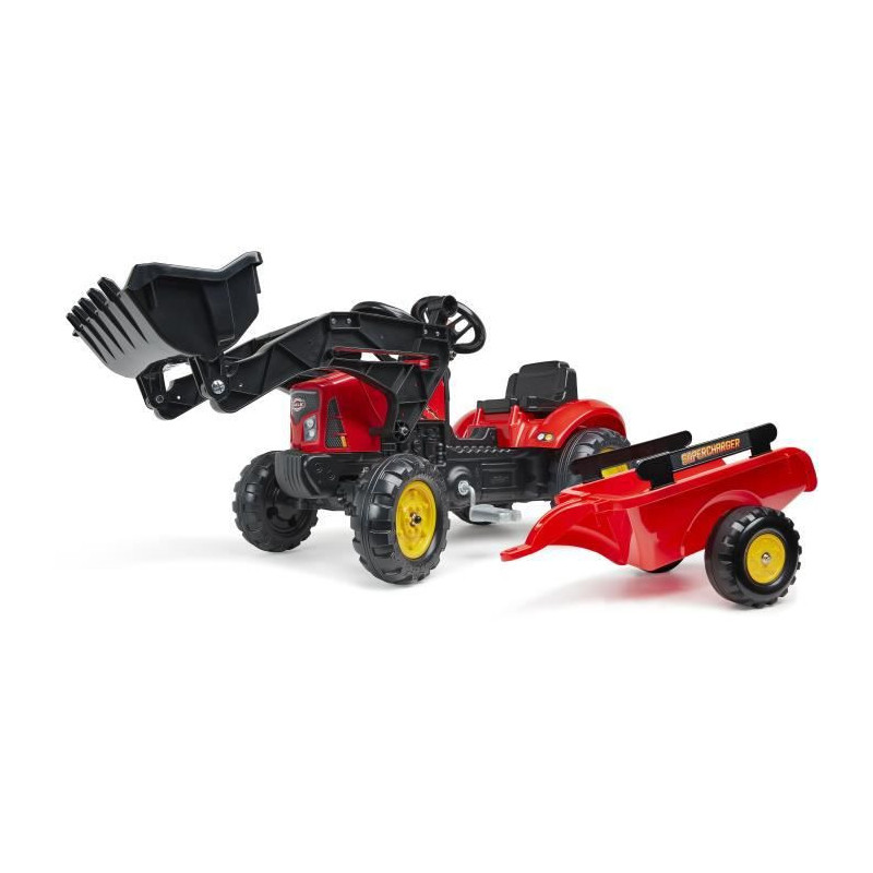 Tracteur a pedales Supercharger rouge avec capot ouvrant et remorque