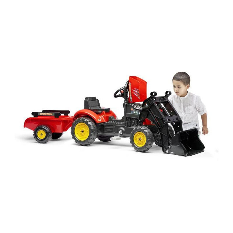 Tracteur a pedales Supercharger rouge avec capot ouvrant et remorque