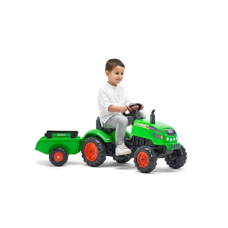 FALK - Tracteur a pedales X Tractor vert avec capot ouvrant et remorque inclus