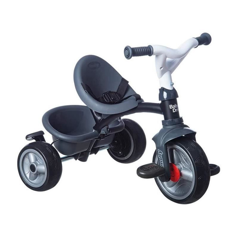 Smoby - Tricycle Baby Driver Plus Gris - Velo Evolutif Enfant Des 10 Mois - Roues Silencieuses - Frein de Parking