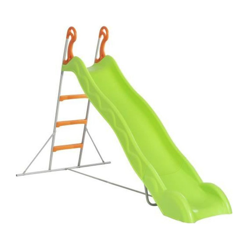 Toboggan LINOU de 2,63m de glisse , coloris vert avec 3 echelons anti-derapants coloris orange, structure metal coloris gris.