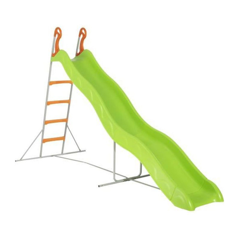 Toboggan PYROU de 3,32m de glisse , coloris vert avec 4 echelons anti-derapant coloris orange, structure metal coloris gris.