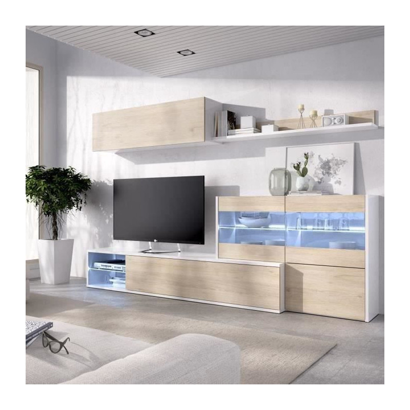 Ensemble meuble sejour living avec vitrine LED - Decor chene et blanc - L 260 x P 41 x H 180 cm - UMA