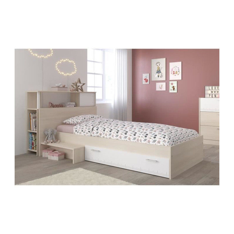 PARISOT Ensemble lit + tete de lit avec rangement - Style contemporain - Decor acacia clair et blanc - CHARLEMAGNE
