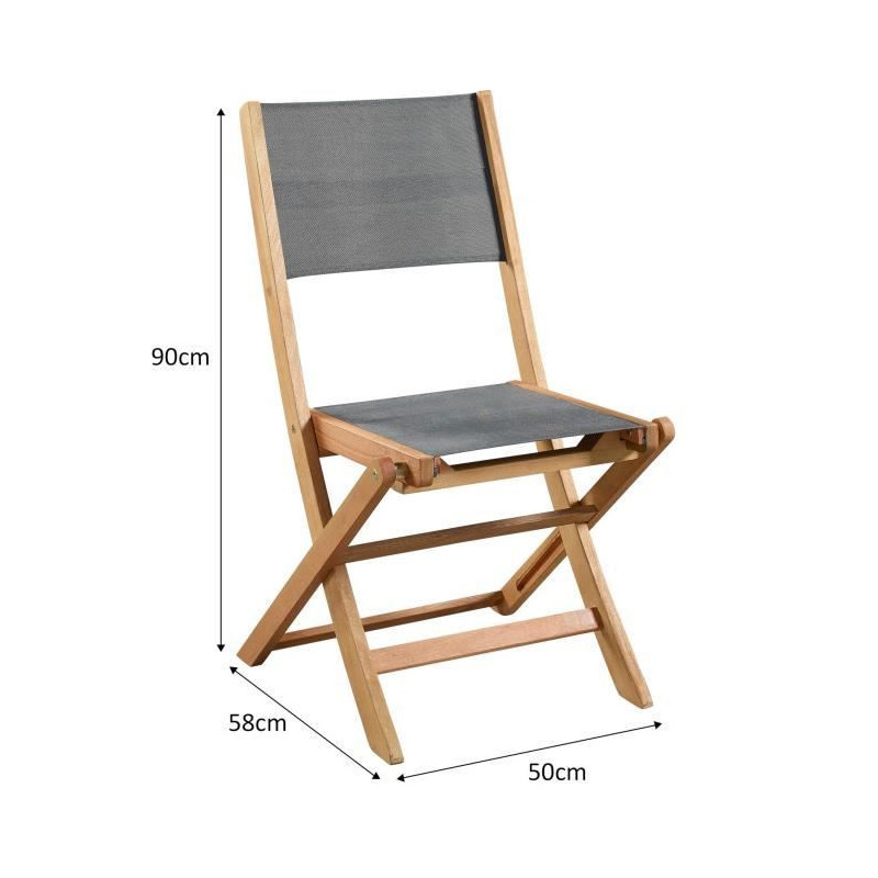 Lot de 4 chaises de jardin en bois dacacia FSC et assise textilene - 50 x 57 x 90 cm - Gris