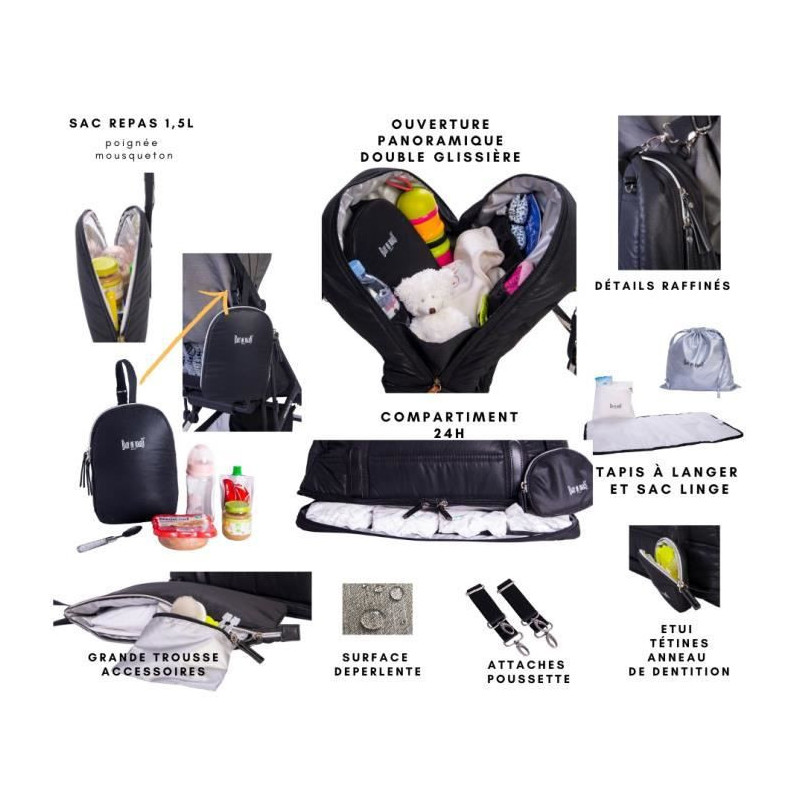 Baby on board - sac a langer - Doudoune Bag noir- sac 24h ouatine et deperlant tapis a langer, sac repas thermo, trousse accesso