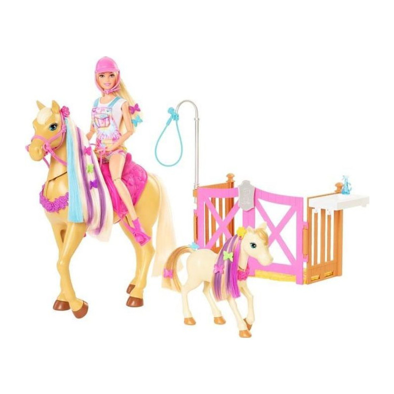 Barbie - Coffret toilettage chevaux avec Poupee Barbie, 2 Chevaux et + de 20 Accessoires - Accessoire Poupee Mannequin - Des 3 a