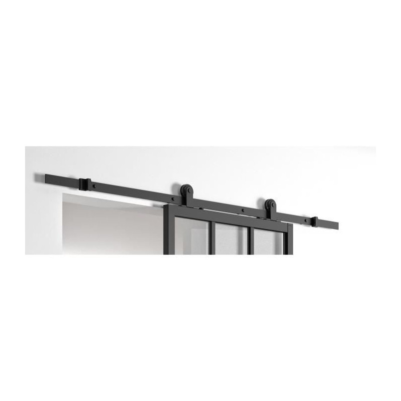OPTIMUM Kit porte coulissante ATELIER noir + rail apparent + cache rail - 204 x 93 cm - verre transparent