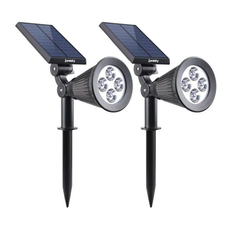 LUMISKY Pack de 2 Spots solaires exterieur etanches - 4 LEDs blanches - 200 Lm - Tete pivotante a 90?C