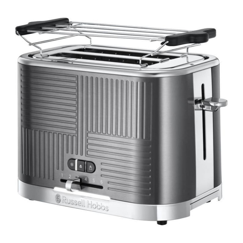 Russell Hobbs 25250-56 Toaster Grille-Pain Geo Steel, 4 Fonctions, Temperature Ajustable, Rechauffe Viennoiseries, Pince