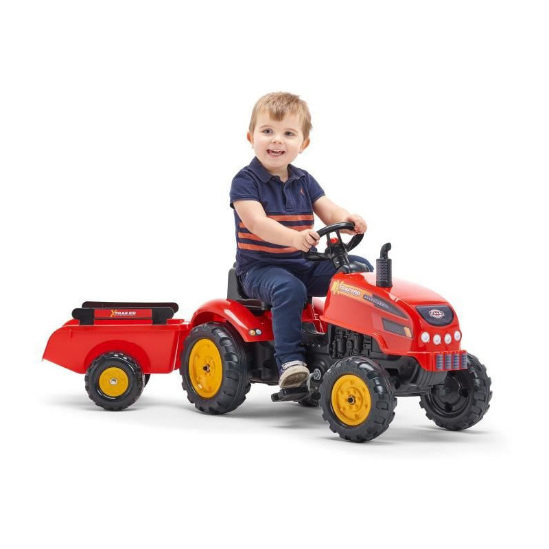 FALK - 2046AB - Tracteur a pedales X Tractor rouge avec capot ouvrant et remorque inclus