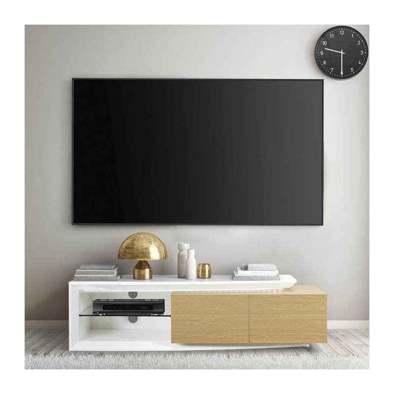 Meuble TV contemporain 2 portes + LED - Contemporain - Decor chene et blanc brillant - L 150 x P 45 x H 40 cm - VIRGOS