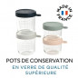 BEABA Coffret 4 portions verre, pots de conservation 150ml pink / 150ml eucalyptus green / 250ml light mist / 250ml dark blue