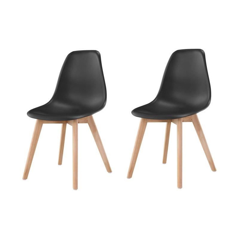 SACHA Lot de 2 chaises de salle a manger noir - Pieds en bois hevea massif - Scandinave - L 48 x P 55 cm