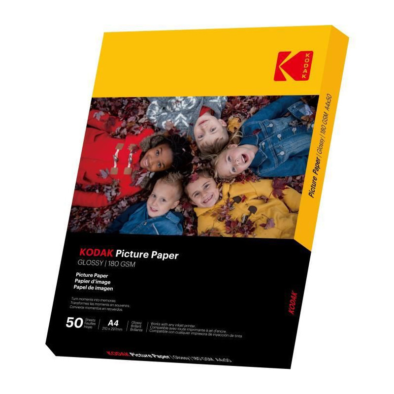 KODAK 9891264 - 50 feuilles de papier photo 180g/m2, brillant, Format A4 21x29,7cm, Impression Jet dencre