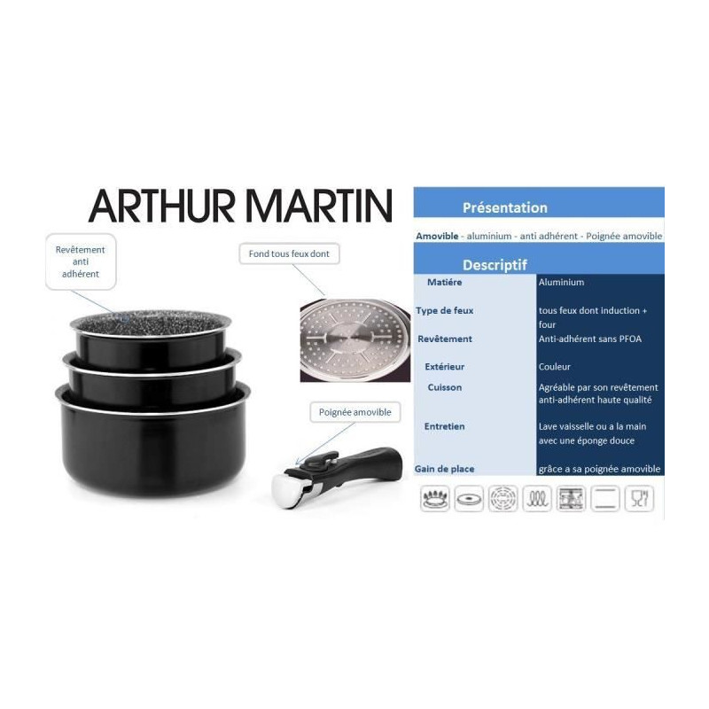 Arthur Martin AM521S Set de 3 Poêles 20-24-28 cm avec revetement anti  adhérent Aluminium Poignée amovible Tous feux dont induction : :  Cuisine et Maison