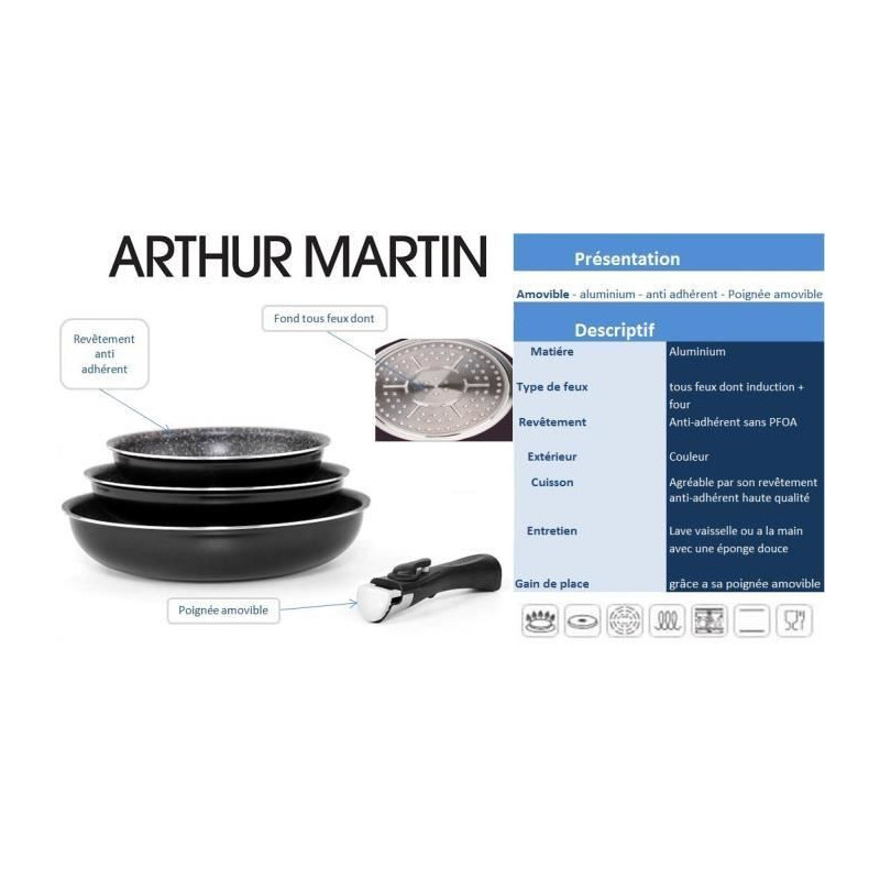 Arthur Martin AM521S Set de 3 Poêles 20-24-28 cm avec revetement anti  adhérent Aluminium Poignée amovible Tous feux dont induction : :  Cuisine et Maison