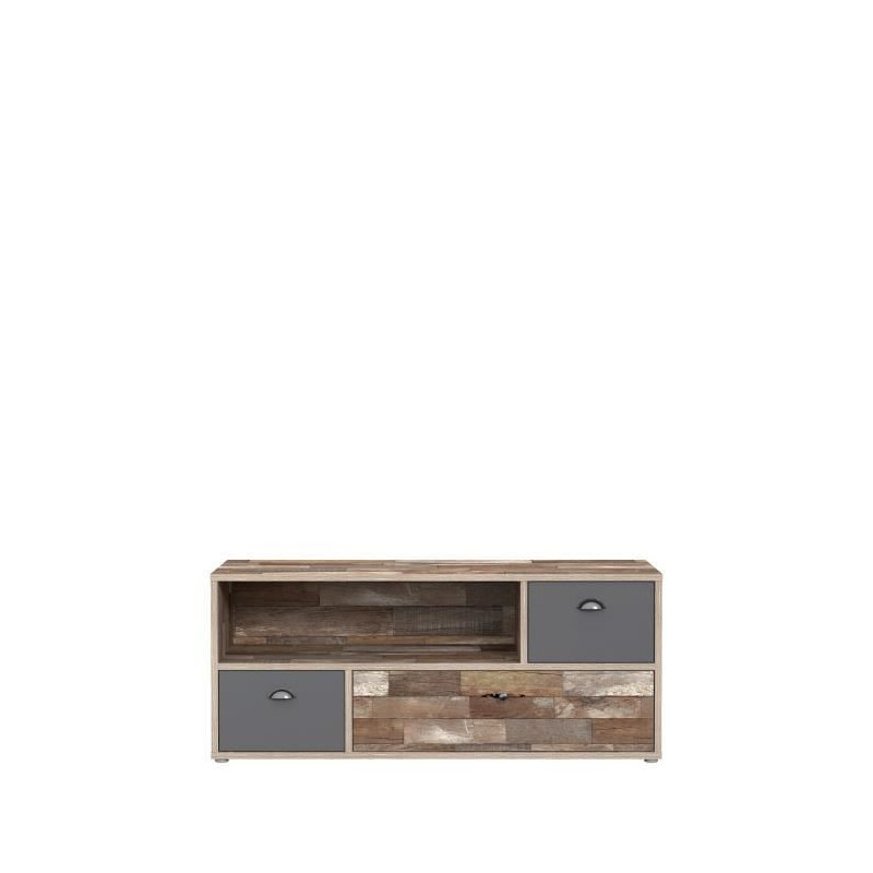 Meuble TV 2 tiroirs, 1 abattant - Decor pin Maringo et gris mat - L 141,8 x P 41,4 x H 59,9 cm - KERLLA