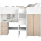 Lit combine mezzanine enfant - Decor blanc et chene - Sommier inclus - 90x200 cm - TOM