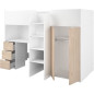 Lit combine mezzanine enfant - Decor blanc et chene - Sommier inclus - 90x200 cm - TOM